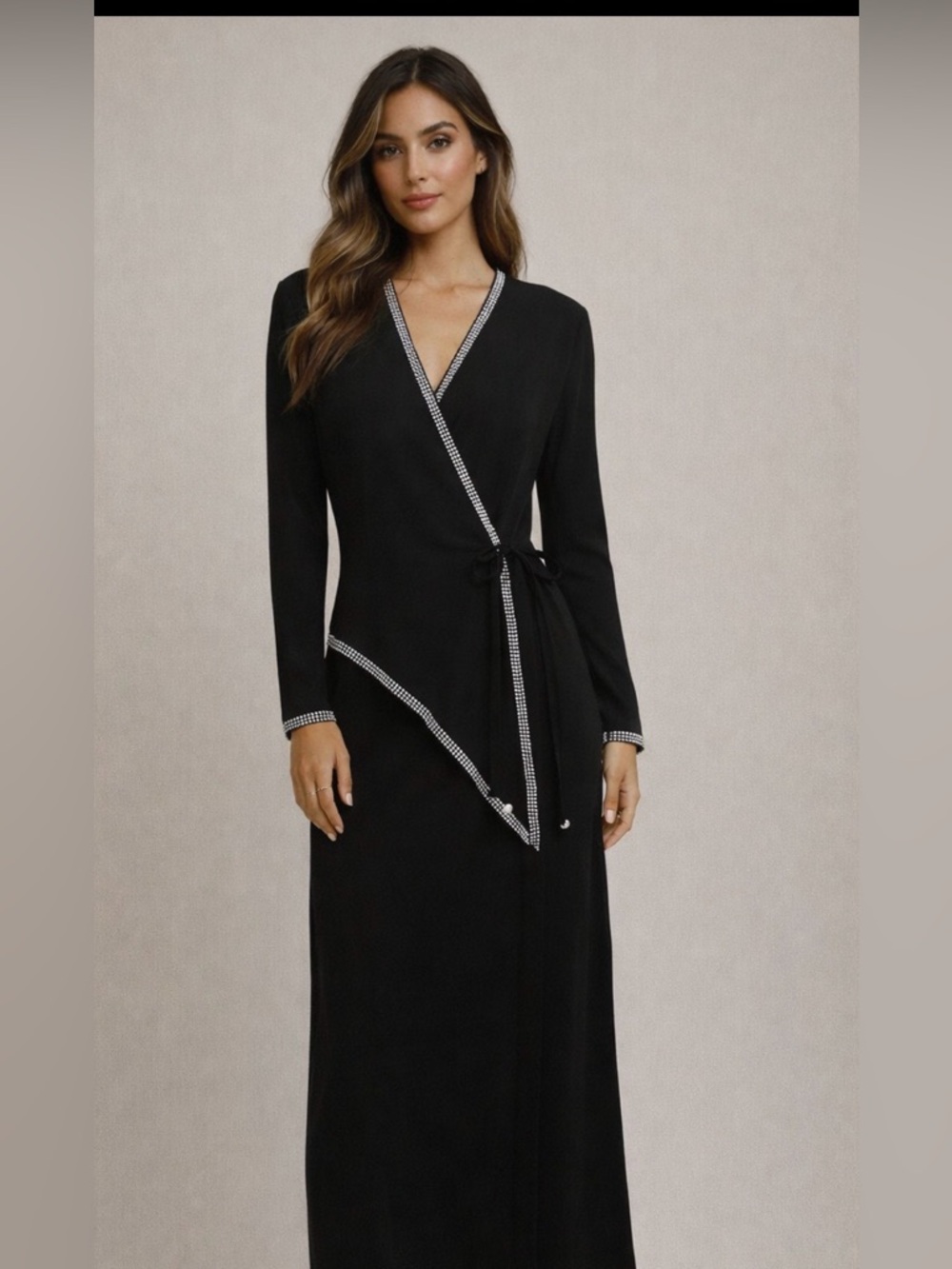 Lillie Rubin Black Long Wrap Robe with Crystal-Trim